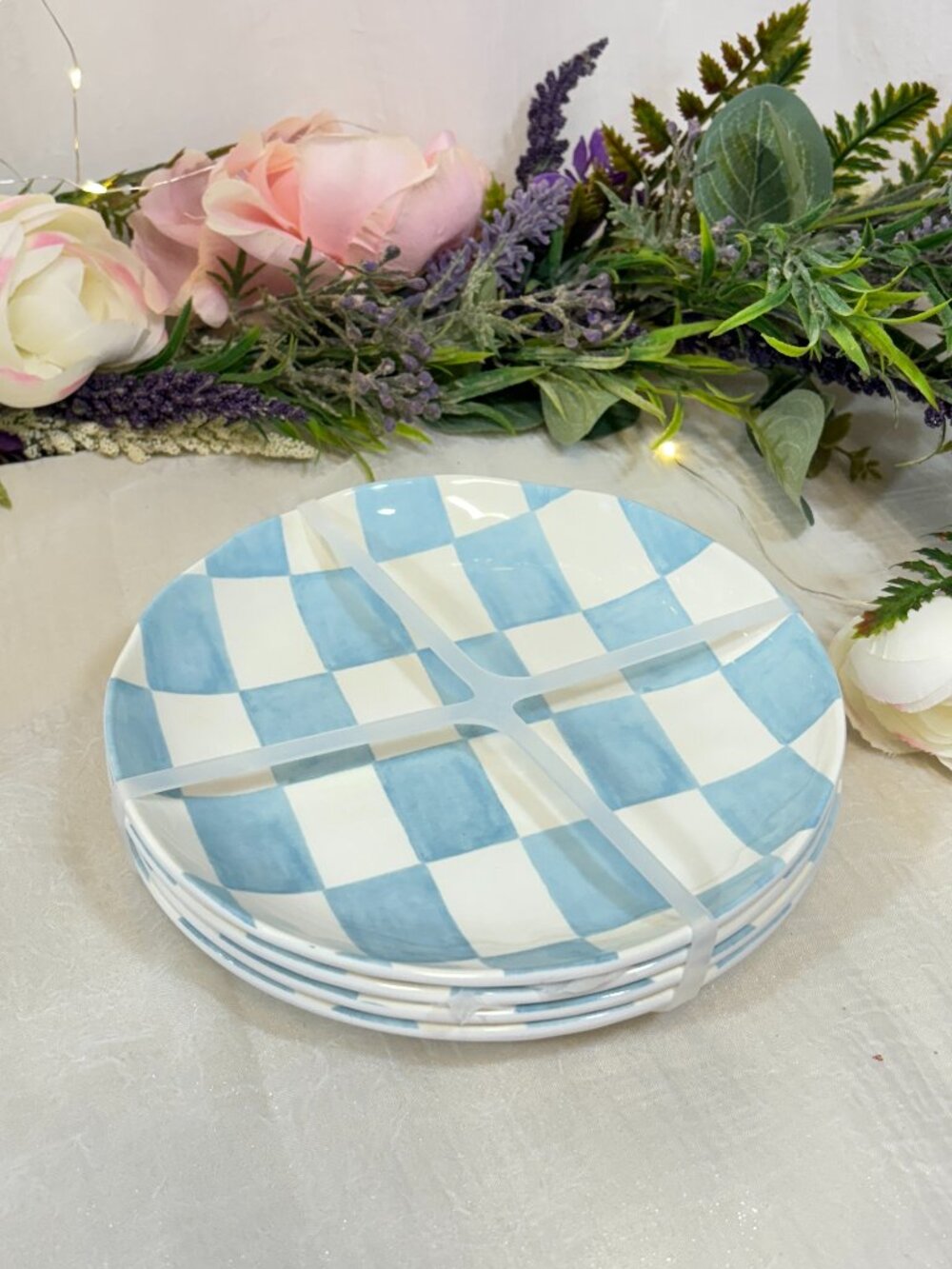 Blue White Checkered Melamine Appetizer Snack Side Plates 7" Set of 4 New